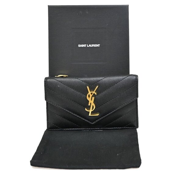 SAINT LAURENT YSL Logo Compact Bifold Wallet Leather Black GHW Italy - Picture 1 of 5